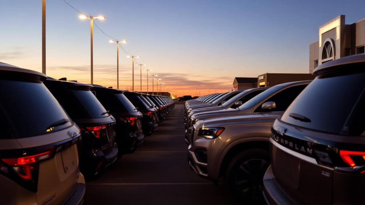 Row of dealership SUVs at dusk
